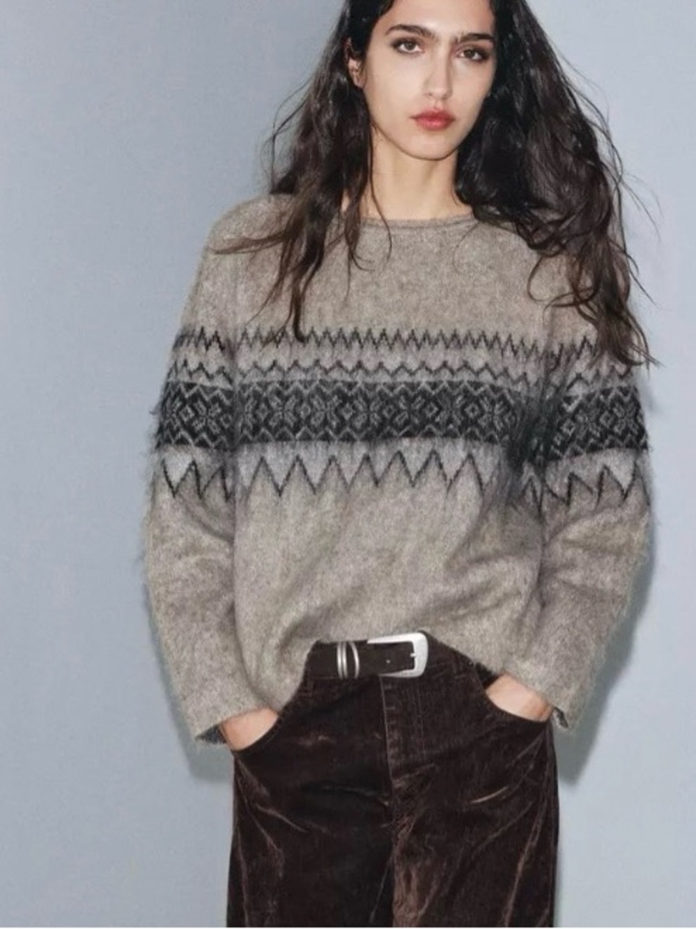 Zara Grey Fair Isle Crewneck Sweater with brushed effect, size Medium.